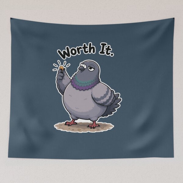 Item preview, Worth It Funny Pigeon Holding Bread Crumb Cartoon Sticker designed and sold by SimplePoDesign.