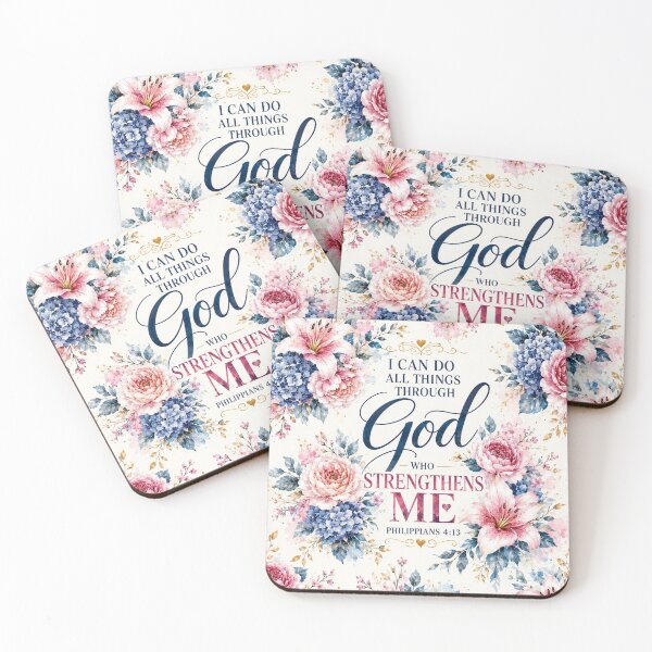 Item preview, Philippians 4:13 Floral Christian Bible Verse | I Can Do All Things Through Christ Who Strengthens Me | Pink Blue Watercolor Flowers Faith Gift designed and sold by Leefs.