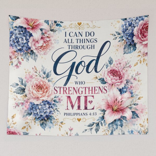 Item preview, Philippians 4:13 Floral Christian Bible Verse | I Can Do All Things Through Christ Who Strengthens Me | Pink Blue Watercolor Flowers Faith Gift designed and sold by Leefs.