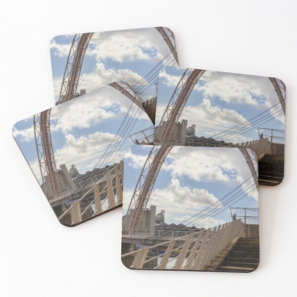 Item preview, Modern Arch Bridge With Stairs and Railing Over Harbor Water Under Dramatic Cloudy Sky designed and sold by Nmallia.