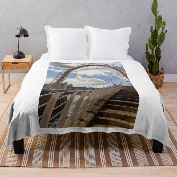 Item preview, Modern Arch Bridge With Stairs and Railing Over Harbor Water Under Dramatic Cloudy Sky designed and sold by Nmallia.