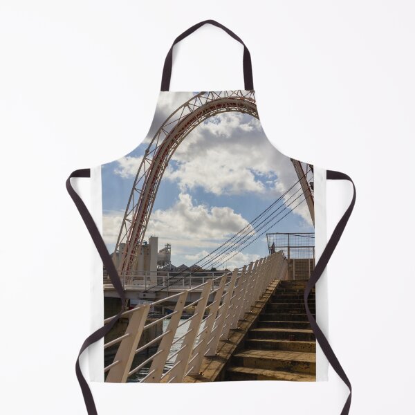 Item preview, Modern Arch Bridge With Stairs and Railing Over Harbor Water Under Dramatic Cloudy Sky designed and sold by Nmallia.