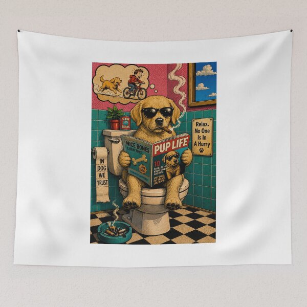 Item preview, Dog reading in bathroom designed and sold by AcornAndPebble.