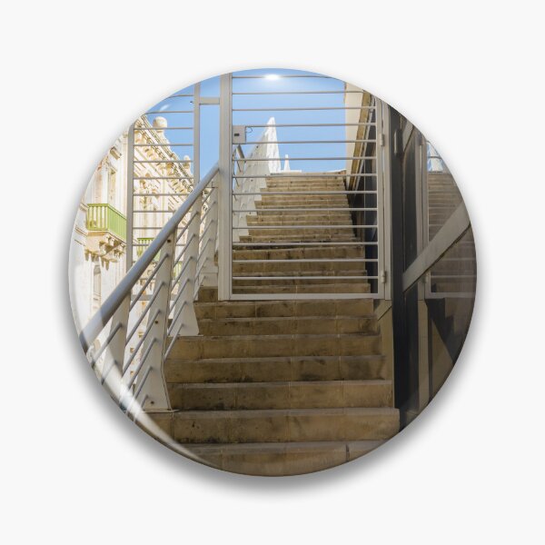 Item preview, Sunlit Stone Stairs and White Metal Gate Leading Up Between Modern Glass and Historic Architecture designed and sold by Nmallia.