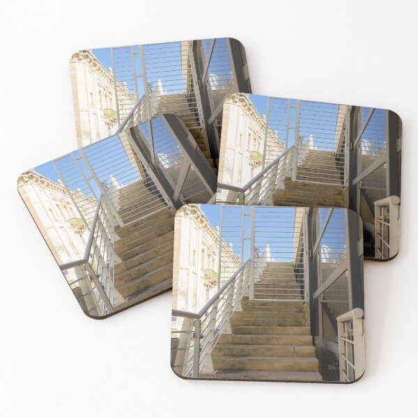 Item preview, Sunlit Stone Stairs and White Metal Gate Leading Up Between Modern Glass and Historic Architecture designed and sold by Nmallia.