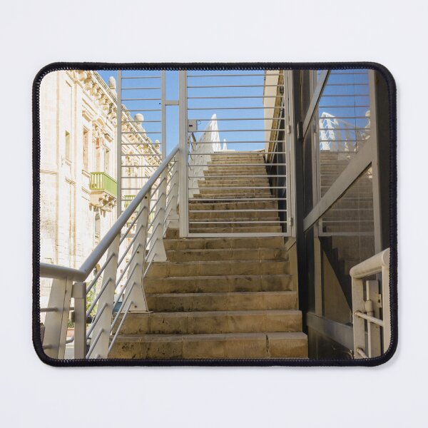 Item preview, Sunlit Stone Stairs and White Metal Gate Leading Up Between Modern Glass and Historic Architecture designed and sold by Nmallia.