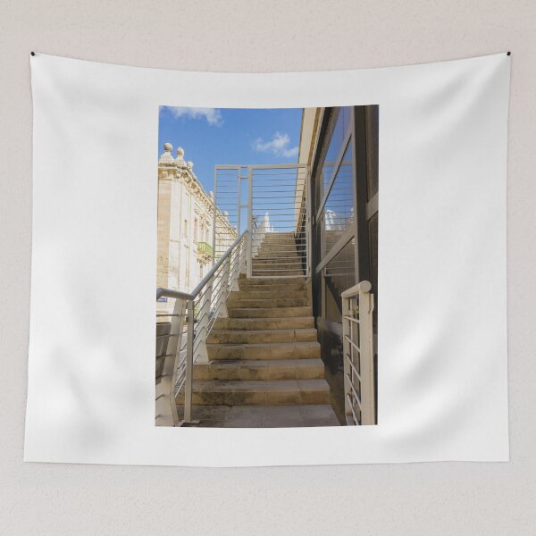 Item preview, Sunlit Stone Stairs and White Metal Gate Leading Up Between Modern Glass and Historic Architecture designed and sold by Nmallia.