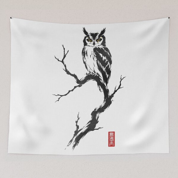 Item preview, Japanese owl in ink – Minimalist sumi-e art designed and sold by Kumabushi.