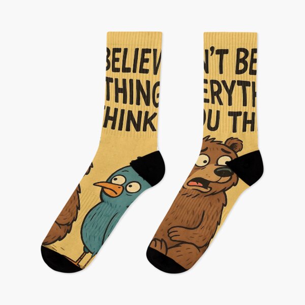 Item preview, Don't Believe Everything You Think Funny Cartoon Bear and Blue bird Illustrationk, designed and sold by ZanyPaintbrush.