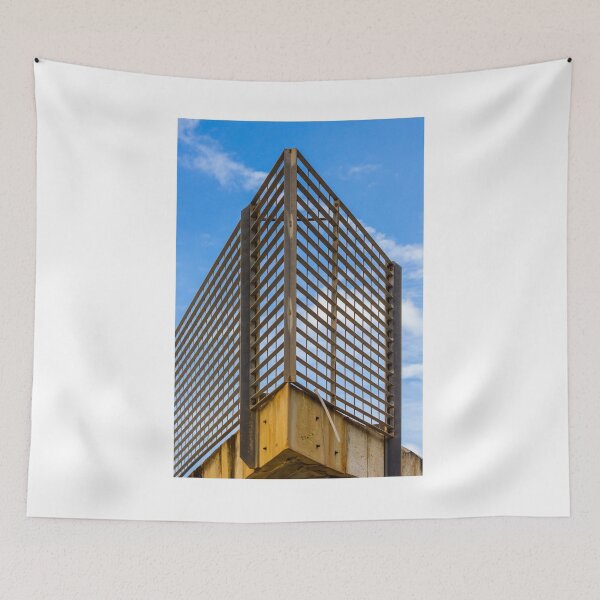 Item preview, Rusty Metal Lattice Fence Corner Against Blue Sky, Industrial Architectural Grid Pattern designed and sold by Nmallia.