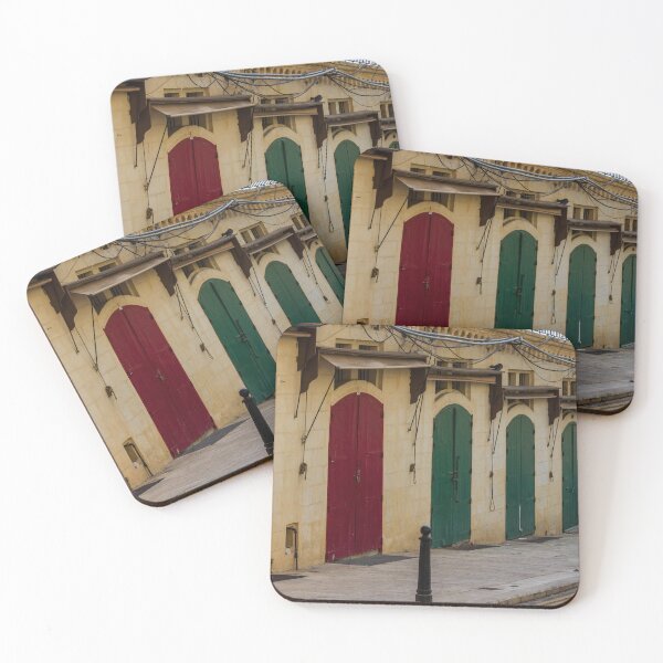 Item preview, Row Of Colorful Arched Wooden Doors On Stone Building Facade With Weathered Awnings designed and sold by Nmallia.