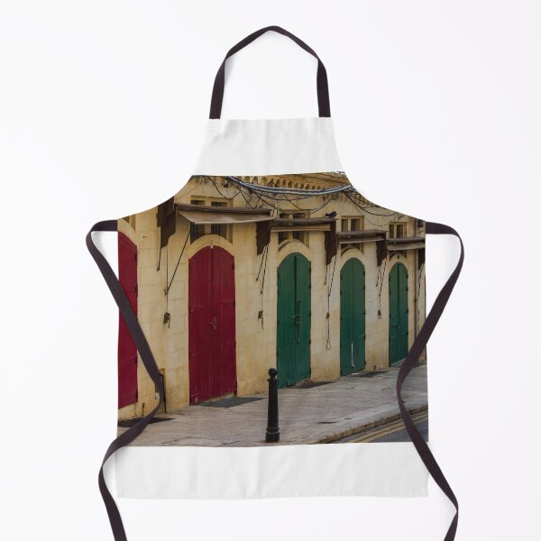 Item preview, Row Of Colorful Arched Wooden Doors On Stone Building Facade With Weathered Awnings designed and sold by Nmallia.