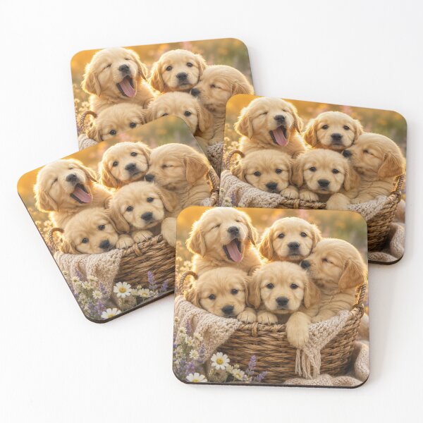 Item preview, Golden Hour Puppy Basket – Adorable Golden Retriever Puppies designed and sold by NebulaRiotStudio.