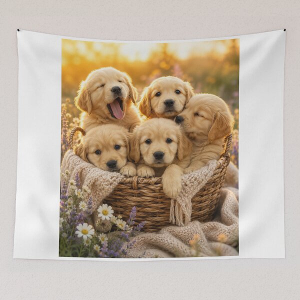 Item preview, Golden Hour Puppy Basket – Adorable Golden Retriever Puppies designed and sold by NebulaRiotStudio.
