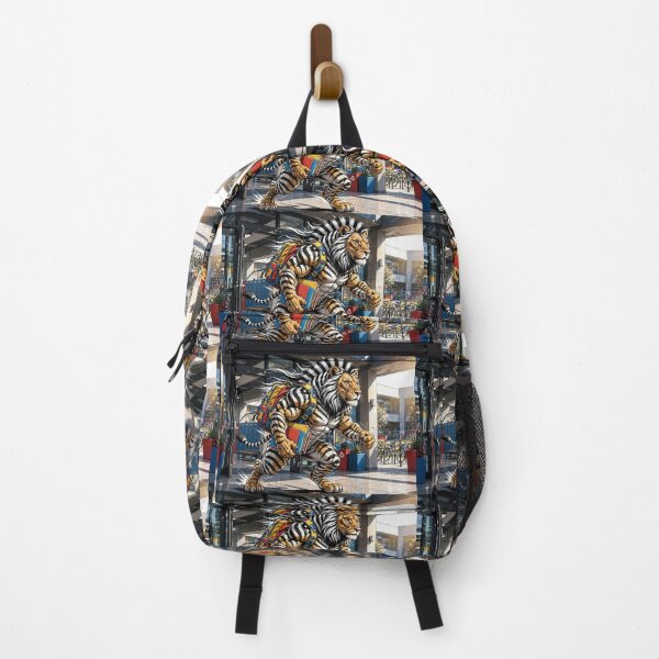 Item preview, Anthropomorphic Tiger-Lion School Entrance – Striped Campus Champion with Backpack designed and sold by TreatLLC.
