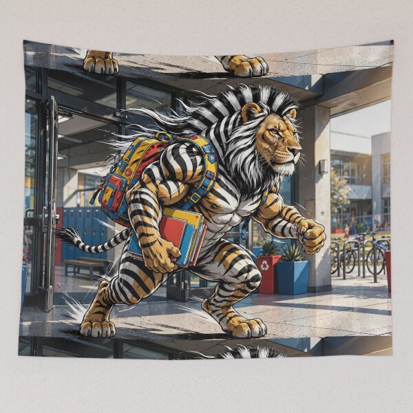 Item preview, Anthropomorphic Tiger-Lion School Entrance – Striped Campus Champion with Backpack designed and sold by TreatLLC.