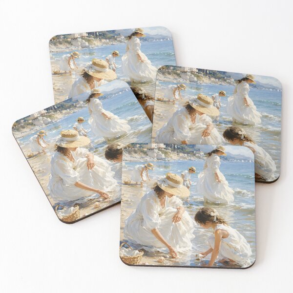 Item preview, Mother and Daughter Seashell Collecting – Mediterranean Beach Art designed and sold by GutyzDesignsES.