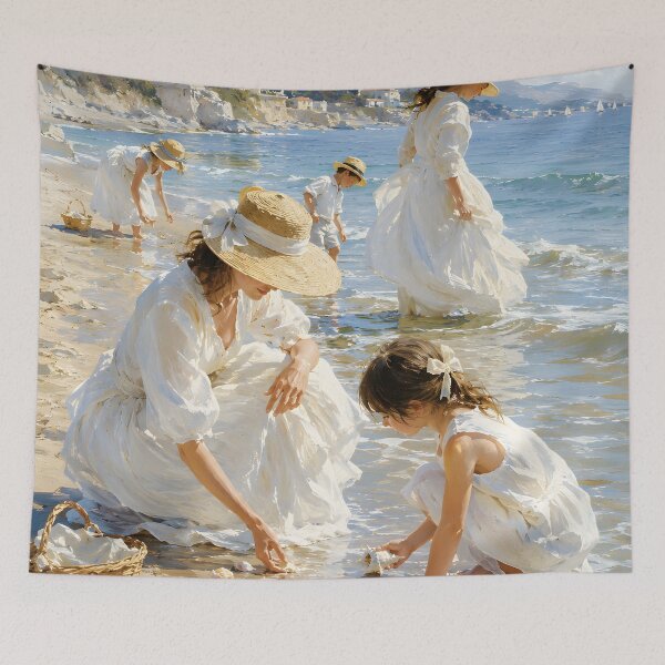 Item preview, Mother and Daughter Seashell Collecting – Mediterranean Beach Art designed and sold by GutyzDesignsES.