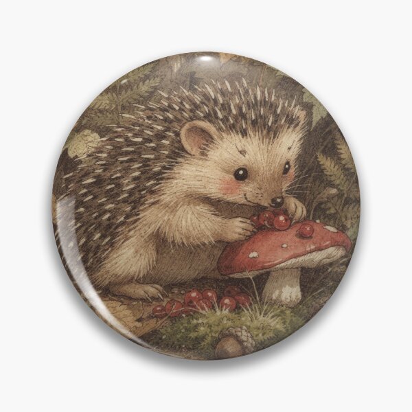 Artikelvorschau, Ein Igel sammelt Beeren in einem Fliegenpilz (Märchenhafte Illustration) entworfen und verkauft von PictorialWhimsy.