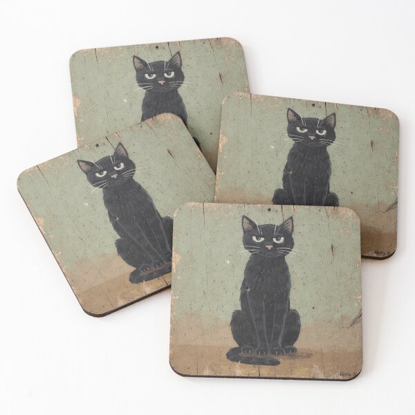 Item preview, Deadpan Black Cat Sitting Perfectly Straight Folk Art designed and sold by PictorialWhimsy.