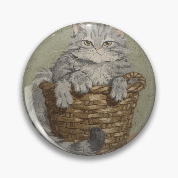 Item preview, Grey Cat Squeezed Into a Too-Small Basket Folk Art designed and sold by PictorialWhimsy.