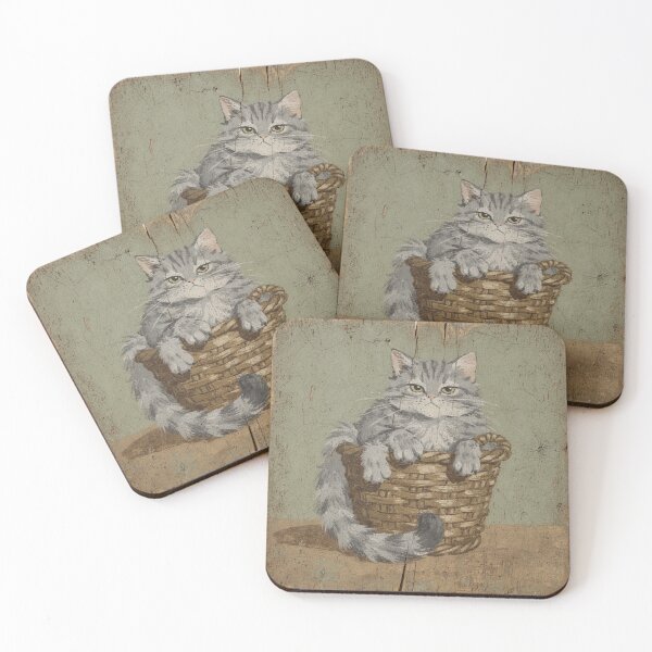 Item preview, Grey Cat Squeezed Into a Too-Small Basket Folk Art designed and sold by PictorialWhimsy.