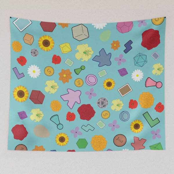 Item preview,  Board Game Floral Pattern | Meeples, Dice, Cards & Game Pieces on light blue designed and sold by Hallowed Artistry.