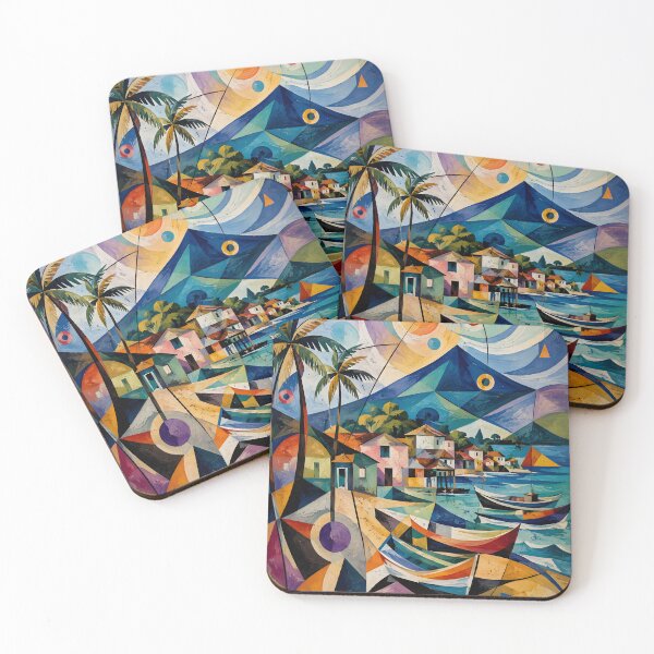 Item preview, Colorful Tropical Fishing Village – Geometric Coastal Boats and Mountain Landscape designed and sold by GutyzDesignsES.