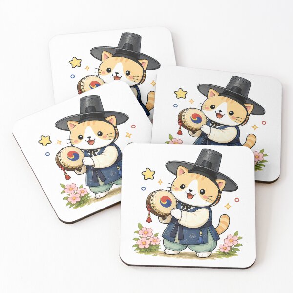 Item preview, Cute Korean Traditional Hanbok Cat Playing Sogor Drum Illustration designed and sold by NoopnyangStudio.