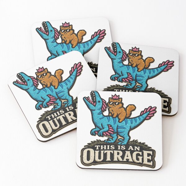 Item preview, This Is An Outrage Cat Riding Dinosaur Funny Retro Cartoon Logo | Cute Meme Graphic T-Shirt Sticker Design designed and sold by  Mirai_Art  ⭐⭐⭐⭐.