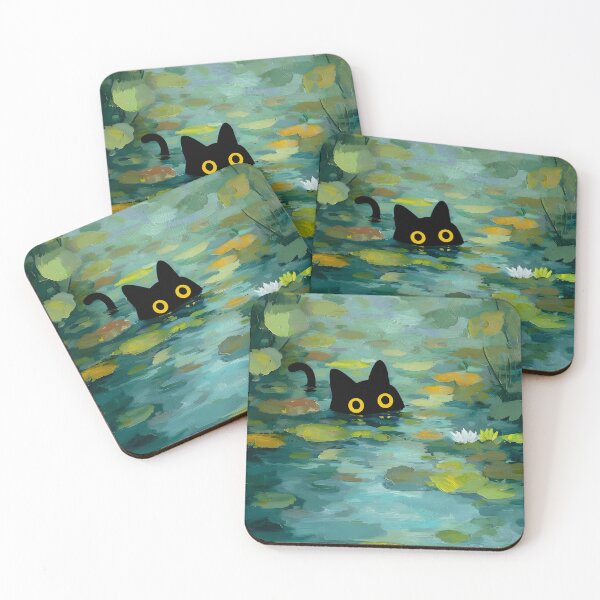 Item preview, Black Cat Lily Pad Pond | Black Cat in Lily Pond Painting designed and sold by PurrfectHome.