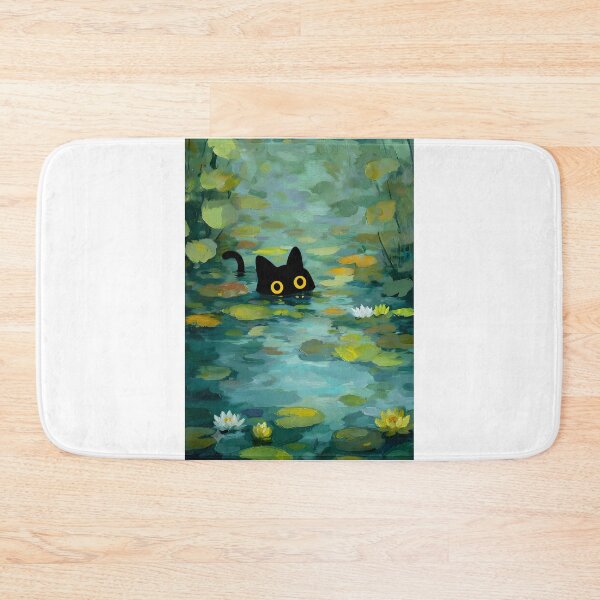 Item preview, Black Cat Lily Pad Pond | Black Cat in Lily Pond Painting designed and sold by PurrfectHome.