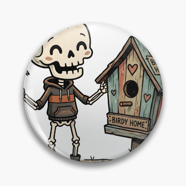 Item preview, Skeleton in Hoodie and Cap Holding Hammer Next to Colorful Birdhouse with Small Bird on Roof designed and sold by MisteryDesigner.