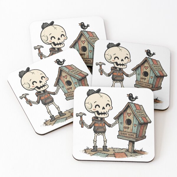 Item preview, Skeleton in Hoodie and Cap Holding Hammer Next to Colorful Birdhouse with Small Bird on Roof designed and sold by MisteryDesigner.
