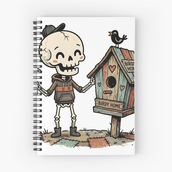 Item preview, Skeleton in Hoodie and Cap Holding Hammer Next to Colorful Birdhouse with Small Bird on Roof designed and sold by MisteryDesigner.