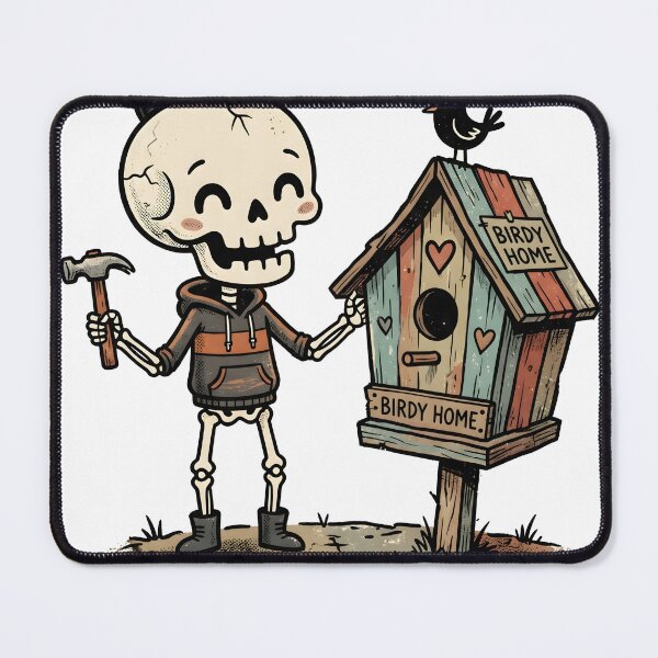 Item preview, Skeleton in Hoodie and Cap Holding Hammer Next to Colorful Birdhouse with Small Bird on Roof designed and sold by MisteryDesigner.