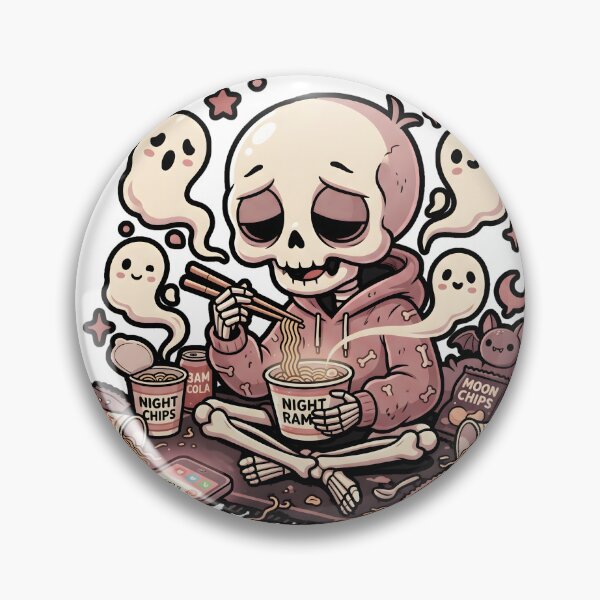Item preview, Skeleton in Pink Hoodie Eating Noodles Surrounded by Cute Ghosts and Late Night Snacks designed and sold by MisteryDesigner.