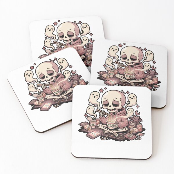 Item preview, Skeleton in Pink Hoodie Eating Noodles Surrounded by Cute Ghosts and Late Night Snacks designed and sold by MisteryDesigner.