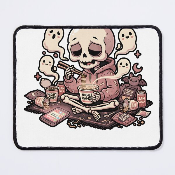 Item preview, Skeleton in Pink Hoodie Eating Noodles Surrounded by Cute Ghosts and Late Night Snacks designed and sold by MisteryDesigner.