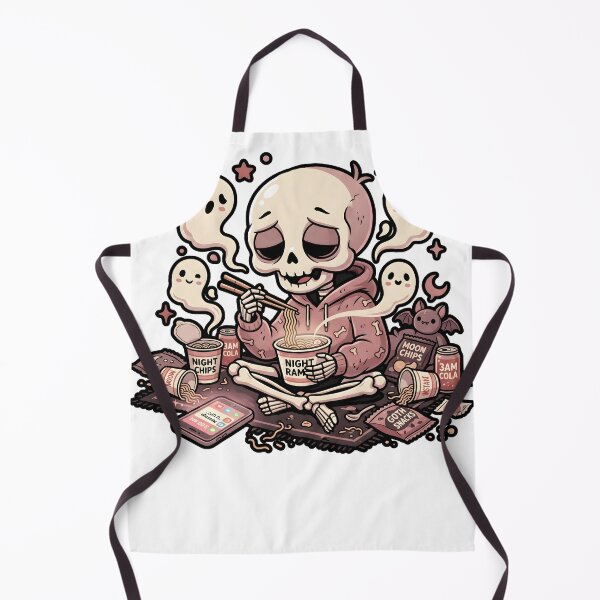 Item preview, Skeleton in Pink Hoodie Eating Noodles Surrounded by Cute Ghosts and Late Night Snacks designed and sold by MisteryDesigner.