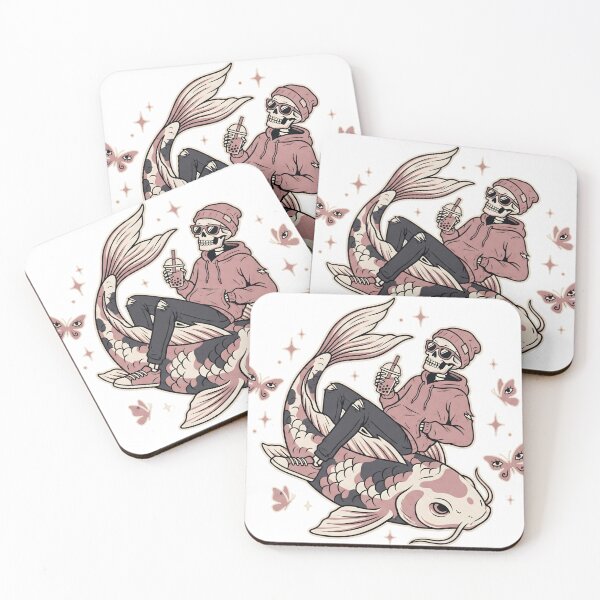 Item preview, Skeleton in Pink Hoodie and Sunglasses Riding Giant Koi Fish While Drinking Bubble Tea designed and sold by MisteryDesigner.
