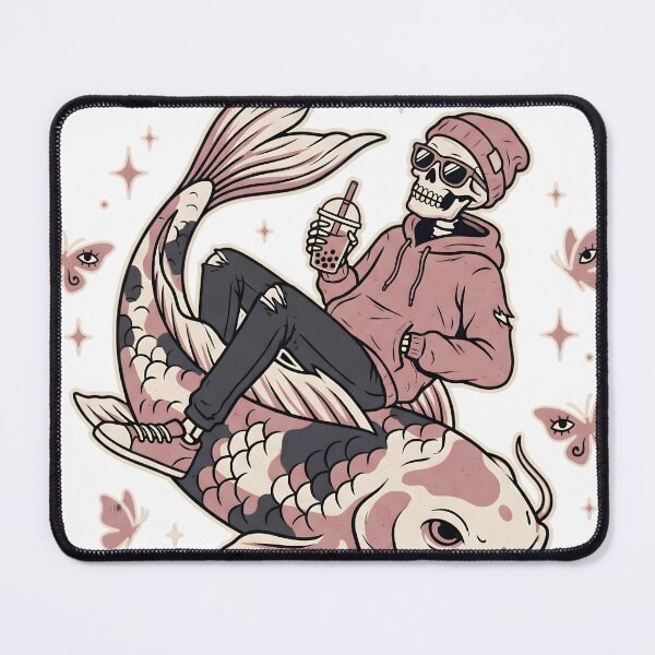 Item preview, Skeleton in Pink Hoodie and Sunglasses Riding Giant Koi Fish While Drinking Bubble Tea designed and sold by MisteryDesigner.