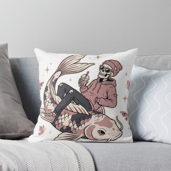 Item preview, Skeleton in Pink Hoodie and Sunglasses Riding Giant Koi Fish While Drinking Bubble Tea designed and sold by MisteryDesigner.