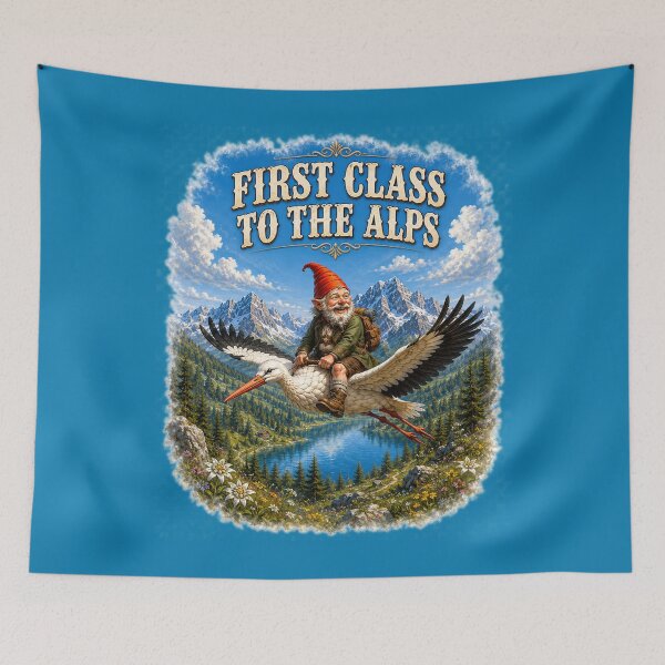 Item preview, First Class to the Alps – Funny Gnome Riding a Stork | Vintage Alpine Adventure designed and sold by Alpine-Ink.