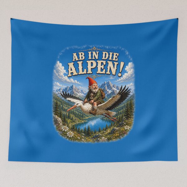 Item preview,  Funny Alpine Gnome Riding a Stork – Vintage Mountain Adventure. AB IN DIE ALPEN! designed and sold by Alpine-Ink.