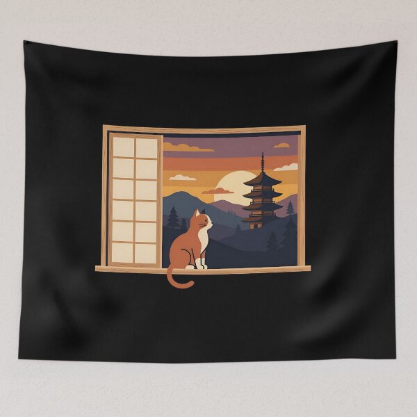 Item preview, Japanese Window Cat Pagoda Sunset Cozy Lo Fi Aesthetic designed and sold by Zazz Lee.