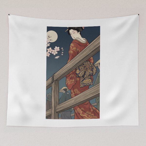 Item preview, Japanese Woman on Wooden Bridge Under Full Moon and Sakura designed and sold by TokyoUkiyoHouse.