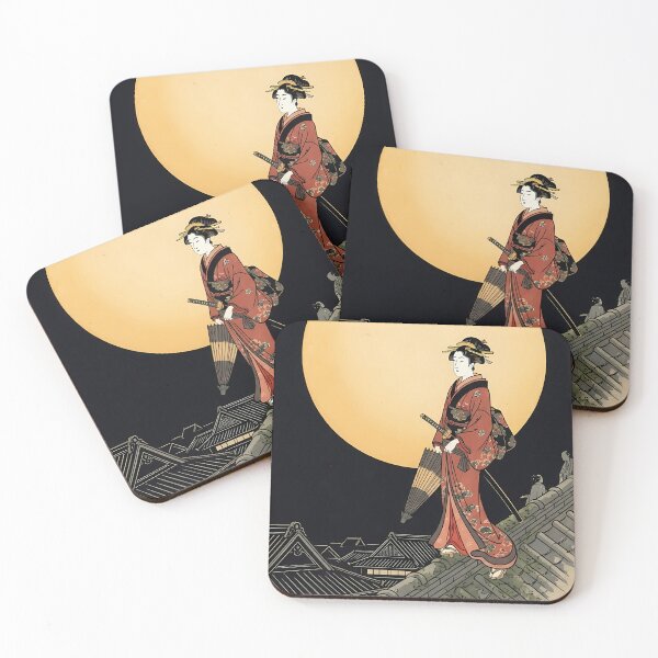 Item preview, Japanese Woman Walking on Rooftop Under Full Moon Ukiyo-e designed and sold by TokyoUkiyoHouse.