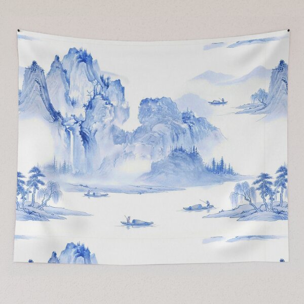 Item preview, Chinoiserie Pattern Fisherman in the Valley Ming Blue designed and sold by PixDezines.