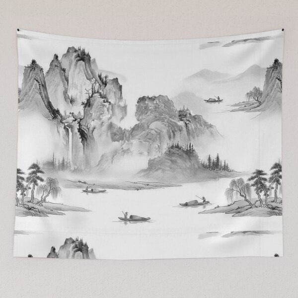 Item preview, Chinoiserie Pattern Fisherman in the Valley Black Ink designed and sold by PixDezines.